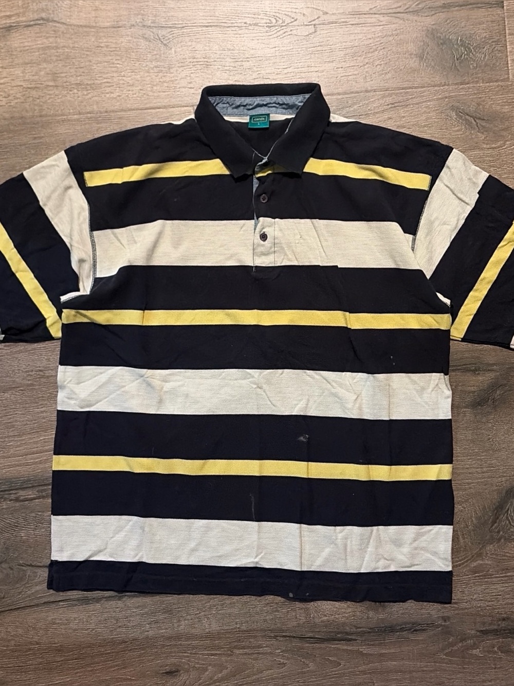 Vintage Canda Wide Striped Polo Shirt Large Black Yellow Grey Large